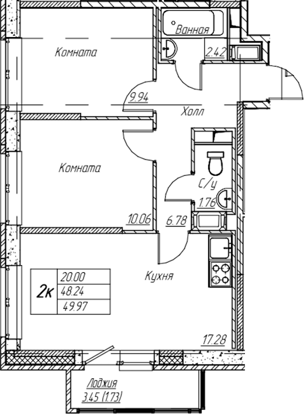 2-комнатная квартира 49.97 м², 22/22 эт., ЖК «Парк-квартал Юнтолово»